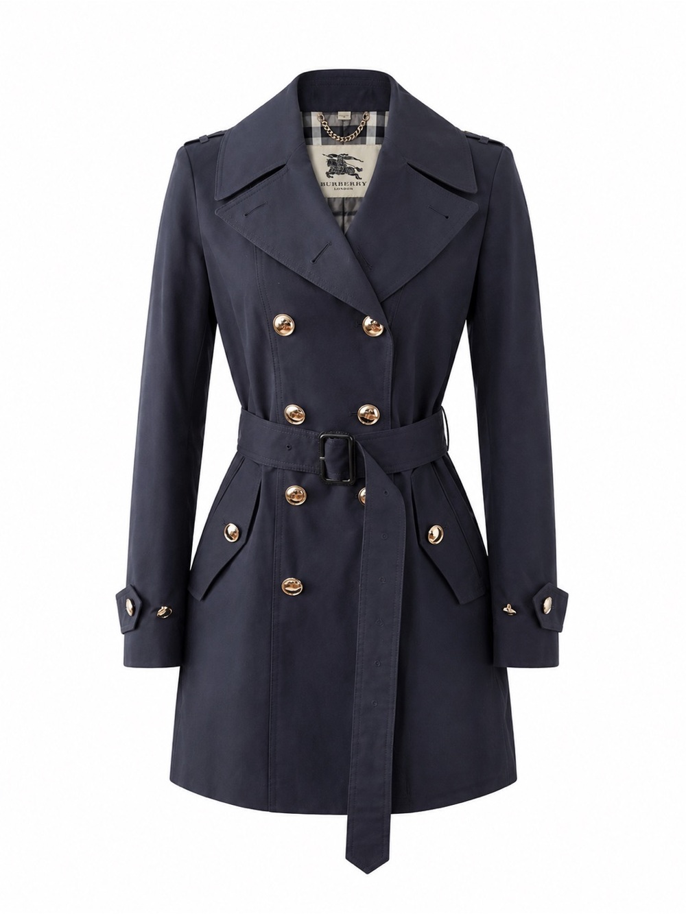 BURBERRY | Double Breasted Navy Cotton
Trench Coat Gold Buttons‎ Belted US 6